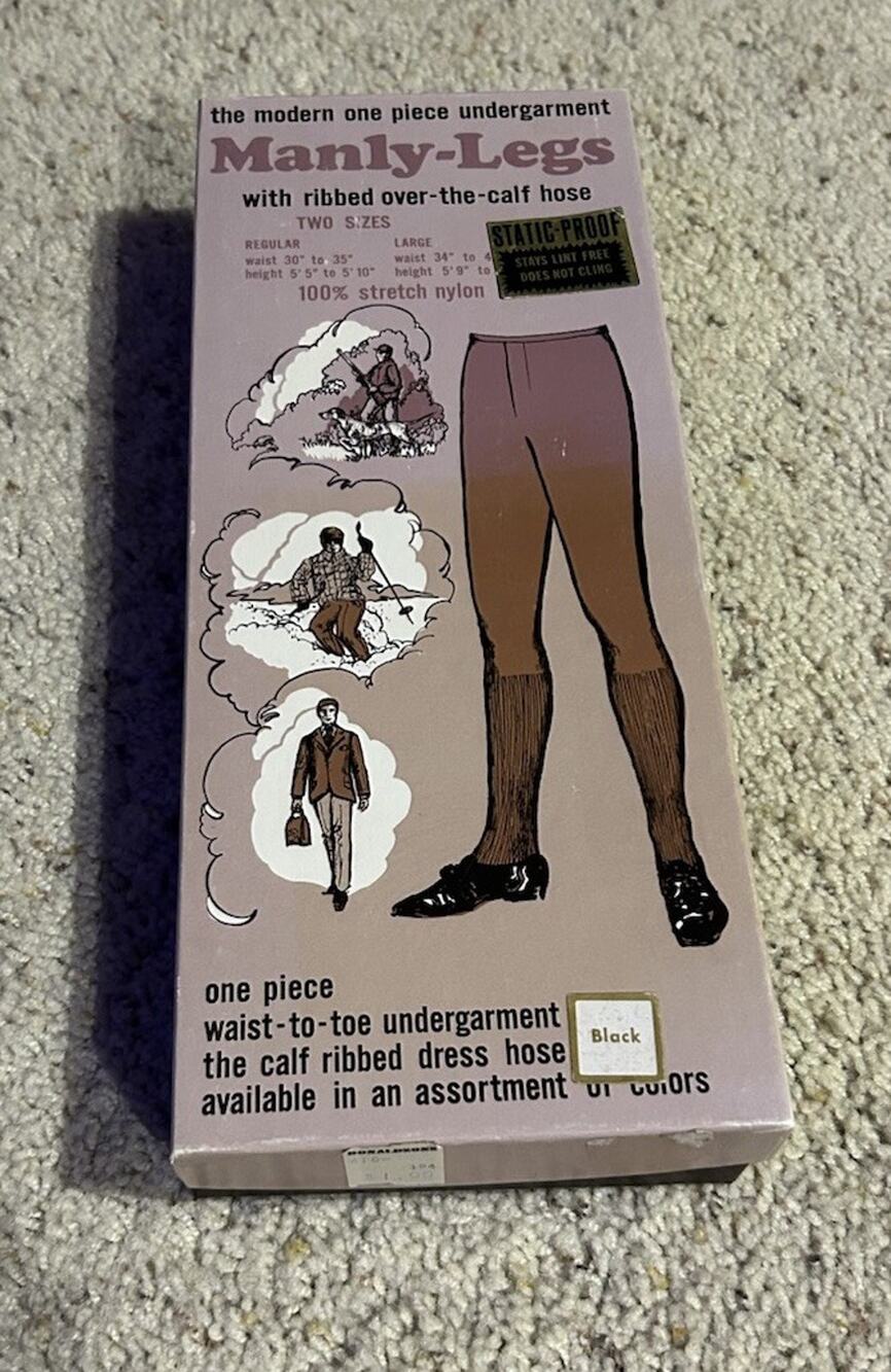 RARE Vintage sz L Manly-Legs Hose Ribbed Over The Calf 1960s 1970s NOS BLACK E26
